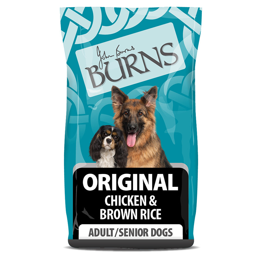 Burns dry dog food with chicken and brown rice, a healthy and nutritious meal for adult dogs.